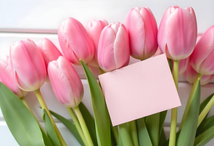 Close Up of Pink Tulips with Card A Beautiful Spring Gesture